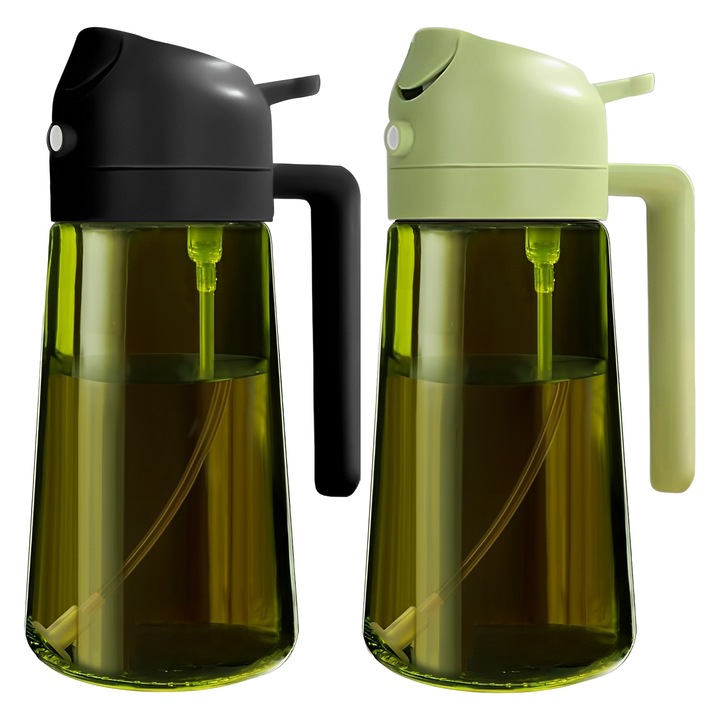Комплект от 2 спрей бутилки за олио/оцет, BYONDSELF®, 2 в 1, Многофункционални, Прецизен контрол на олиото, Вместимост 470 мл, Материал Стъкло и PVC, Зелено/Черно