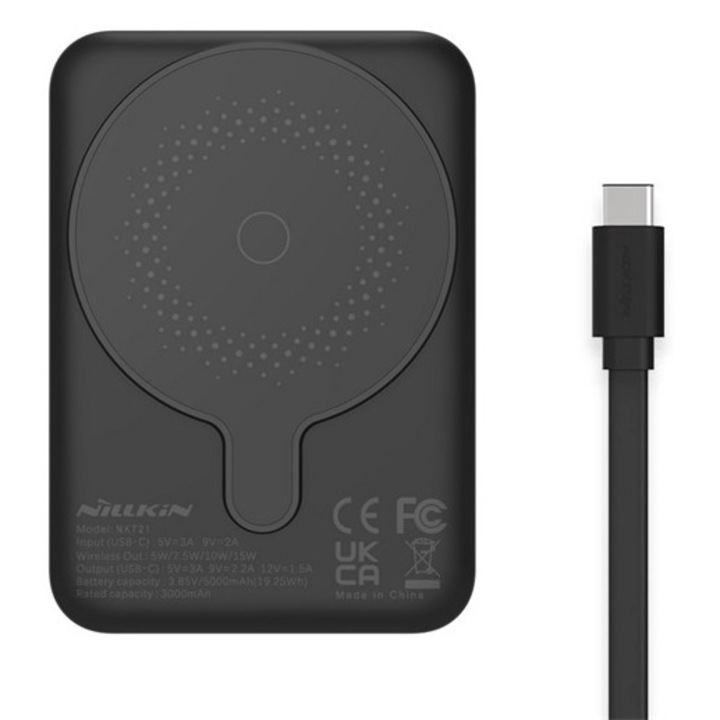 Nillkin vésztöltő type-c aljzat, 5000mah, 15w, wireless, magsafe, gyorstöltő + type-c kábel, fekete