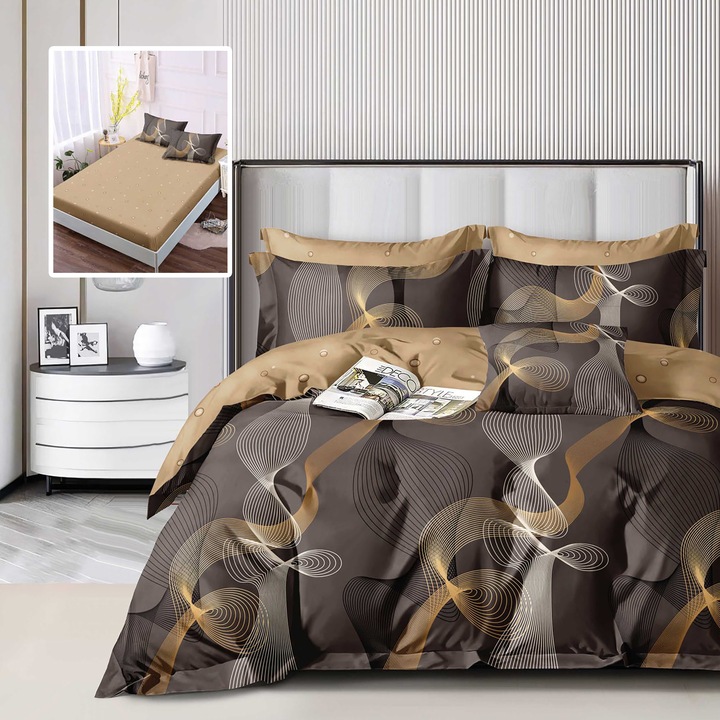 Lenjerie pat dublu bumbac, 6 piese, cearceaf cu elastic universal pentru saltea 160x200 cm sau 180x200 cm, cearceaf pilota 200x230 cm, 2 fete perna 70x70 cm, 2 fete perna 50x70 cm, Multicolor, TextiLici, L43