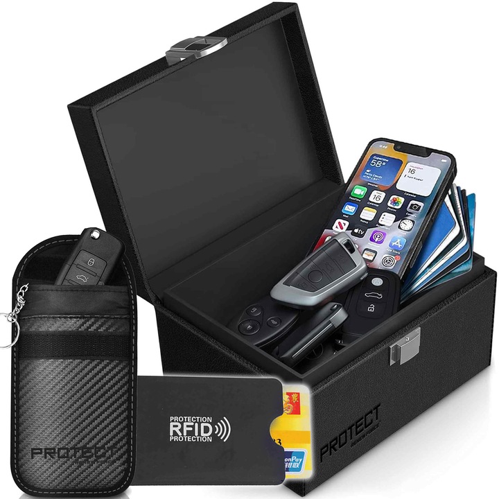 Set cutie Faraday plus 1 husa protectie Faraday, blocare unde radio, semnal Bluetooth, Wifi, GPS, GSM, previne furturile prin clonarea semnalului cheilor autoturismelor, aspect elegant, dimensiuni compacte, Negru BX-PROTECT1