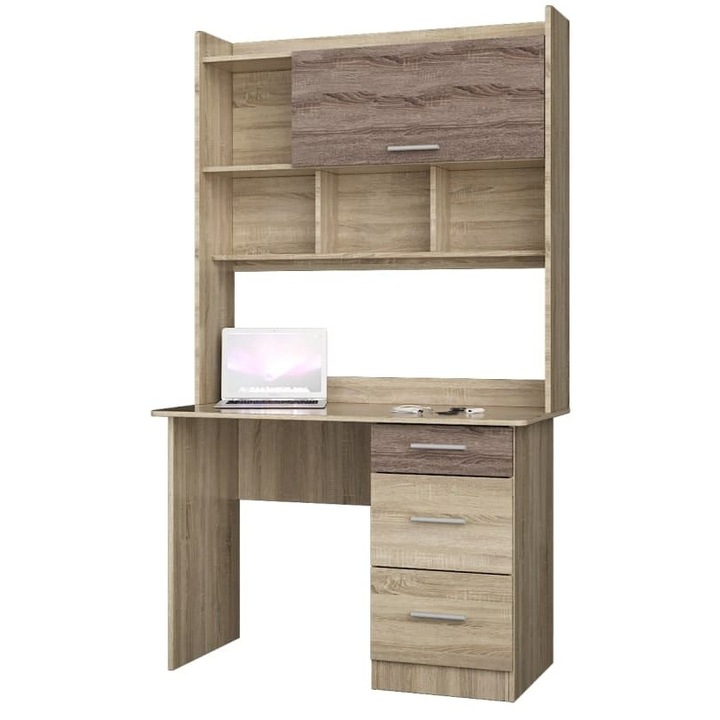 Birou cu raft biblioteca Shkolnik-4, 3 Sertare, Everest, Stejar Sonoma, Trufel, 110x55x190 cm