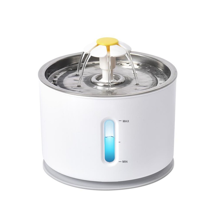 Fanta pentru pisici din otel inoxidabil, 2.4L, cu LED si fereastra pentru nivelul apei, sistem de filtrare cu 2 filtre
