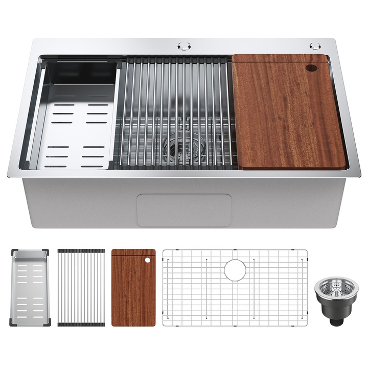 Chiuveta Inox Bucatarie, Milmatt, Premium Workstation cu Accesorii, Tocator Lemn Sapele, Gratar Inox, Cos scurgere, Grilaj Protectie Chiuveta, Silentioasa, Montaj pe Blat, dimensiune 70x46x23 cm