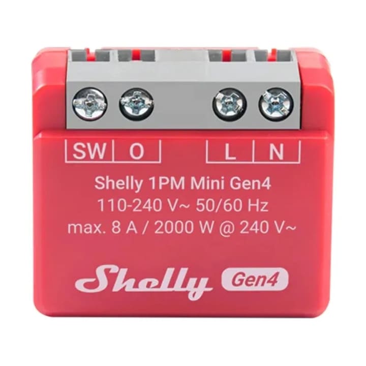 Shelly 1PM Mini Gen4 Zigbee/Matter контролер, червен, размери 29x34x16mm