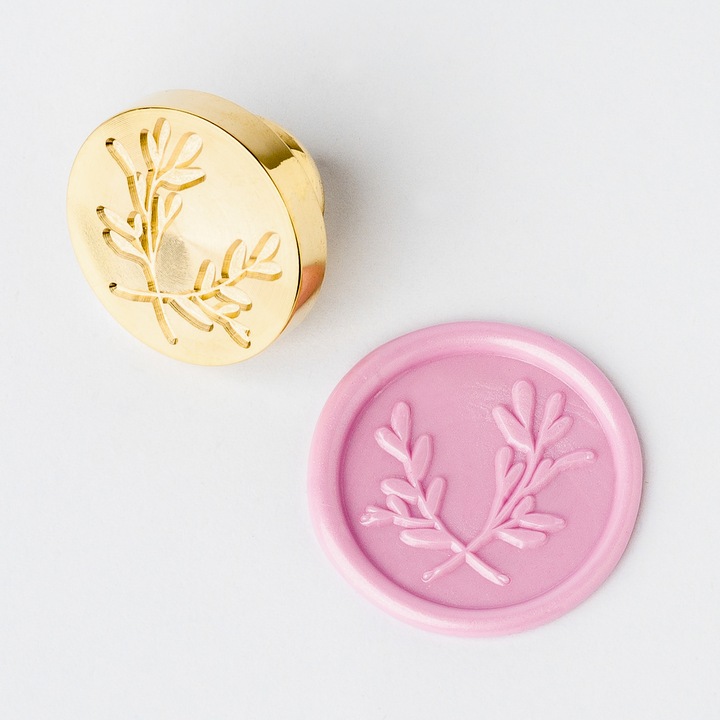 Восъчен печат, модел Mariart, маслинови клонки, месингов връх, диаметър 2,5 см, незалепващ, за сватбени покани, кръщенета, занаяти, пликове, канцеларски материали за събития