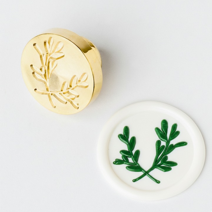 Stampila pentru sigilii de ceara, Mariart, model Ramuri de maslin, capat din alama, diametru 2.5cm, antiaderenta, pentru invitatii nunta, botez, artizanat, plicuri, papetarie evenimente
