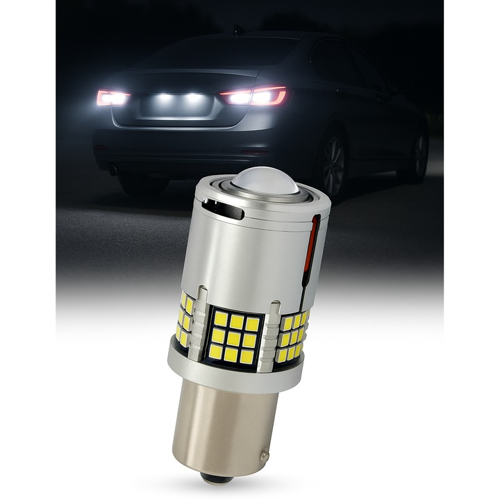 LED autóizzó P21W / BA15S / 1156 nagyítóval és 60 prémium fehér LED-del 6000K tolatófényhez vagy DRL-hez, nappali menetfényhez, CANBUS-szal, nincs kiégett izzó hiba, 12V, 30W teljesítmény, AutoREY®
