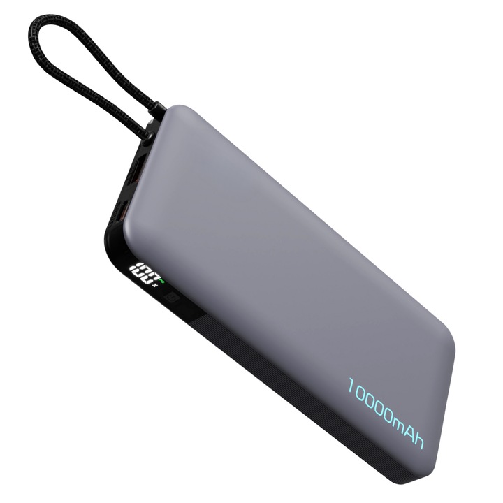 Baterie Externa Portabila EVONTECH ®, 10000mAh, Fast Charge 22.5W, USB-C Integrat, 3 Porturi, Display LED, Incarcare Rapida, Gri