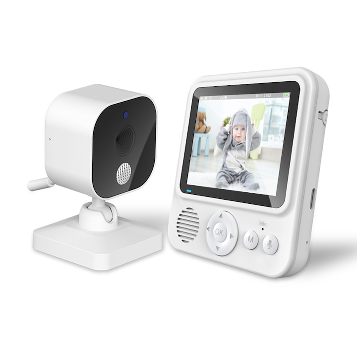 Baby Monitor Yulinland, Audio-Video kamera babafelügyelethez, HD LCD képernyő, Intelligens érzékelő, 8 altatódal, Hőmérséklet-figyelés, Éjszakai funkció, VOX mód, Kétirányú hang, ECO mód, Fehér szín