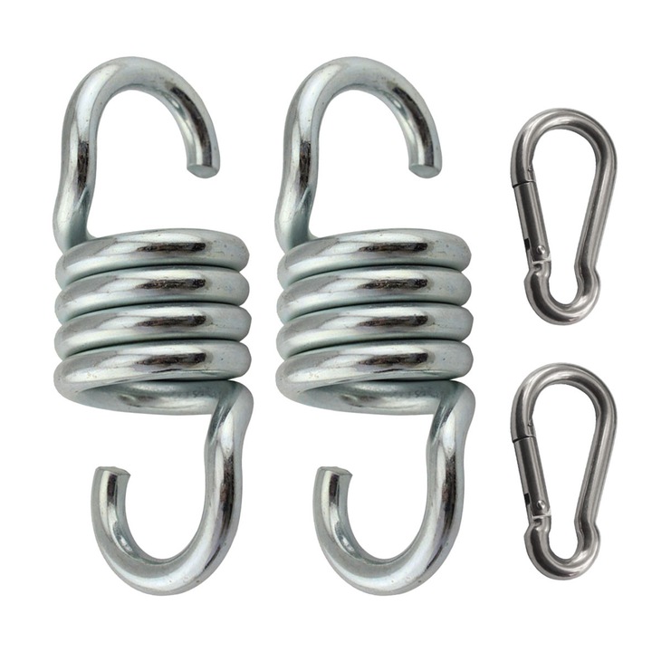 Комплект от 2 пружини за хамак, якост на опън 650 кг, диаметър 8 мм, дължина 113 мм, изработени от стомана, устойчива на корозия поцинкована повърхност, подходящи за висящи столове, люлки, фитнес зали, боксови круши