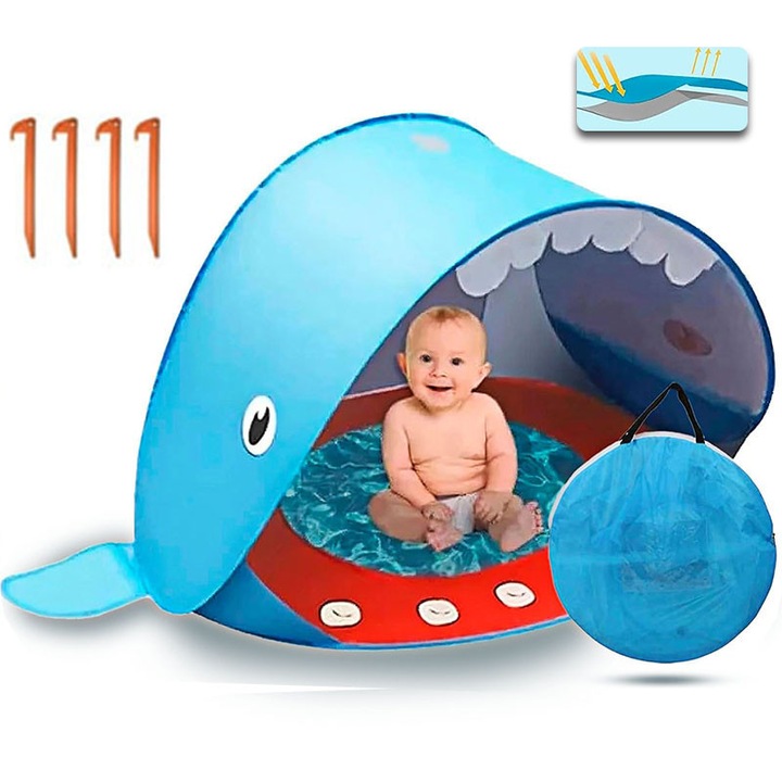 Cort Portabil de Vara pentru Bebelusi, protectie UV si UPF 50+, 120x83x70 cm, 4 cuie, punga de depozitare, adapost impermeabil pentru plaja, cu piscina, multifunctional, albastru deschis
