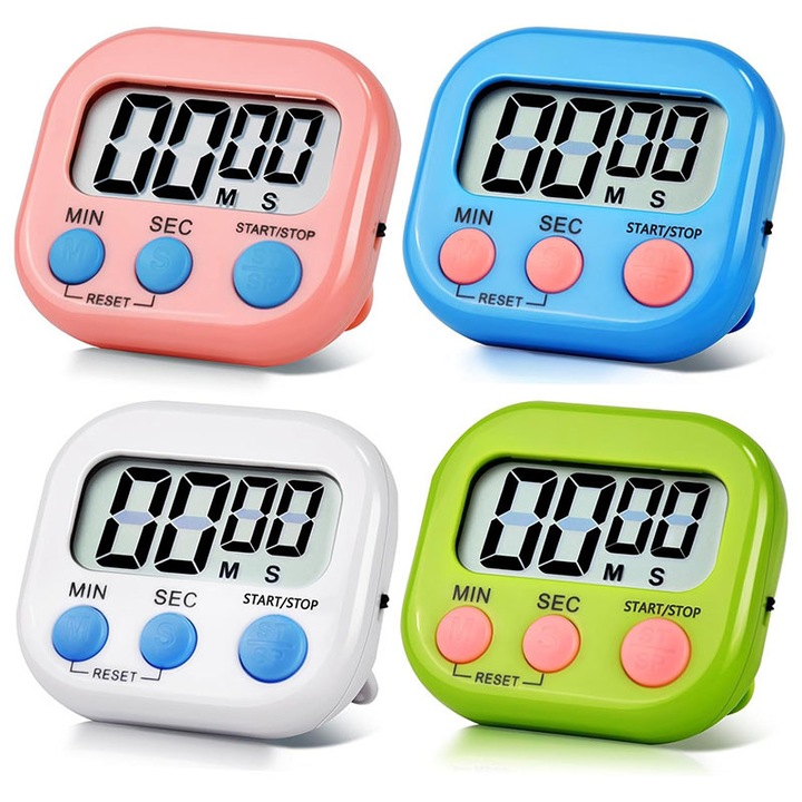 Set 4 Timer digital bucatarie, din plastic ABS, cu fixare magnetica, cu suport, dimensiuni 7x6,5 cm, multifunctional, potrivit pentru bucatarie, studiu, munca, antrenament sportiv, activitati in aer liber, albastru, roz, alb, verde (baterii neincluse)