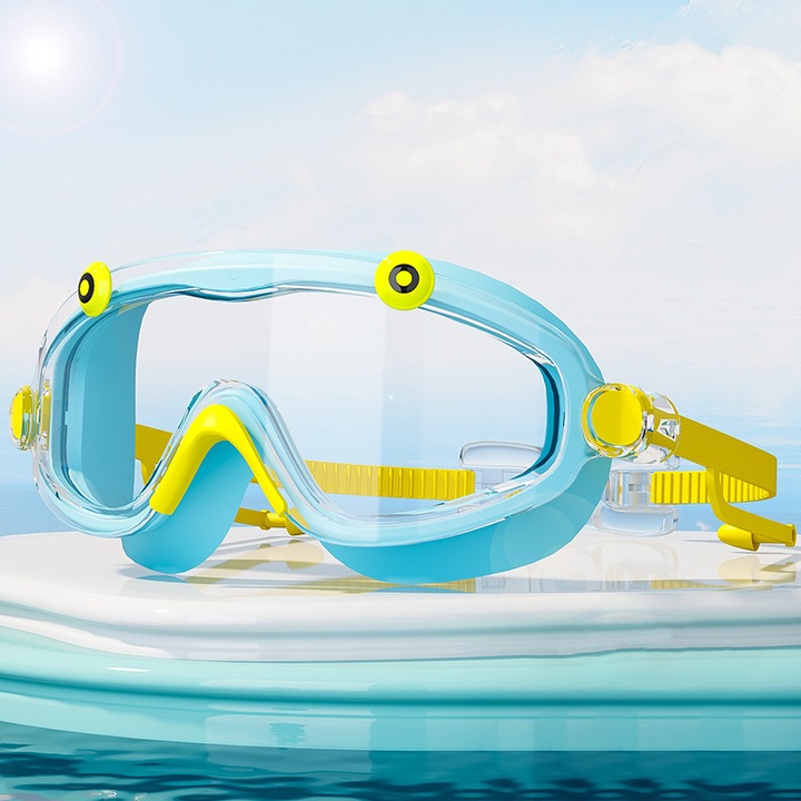Set Ochelari de inot pentru copii, anti-aburire, PC, Silicon, impermeabili, Lentile cu unghi larg, casti integrate, reglabila, albastru/galben