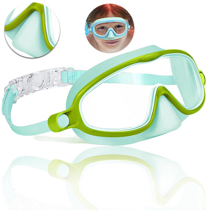 Set Ochelari de inot pentru copii, Silicon, PC, Preveniti sufocarea cu apa, anti-aburire, impermeabili, Lentile cu unghi larg, casti integrate, reglabila, albastru/galben