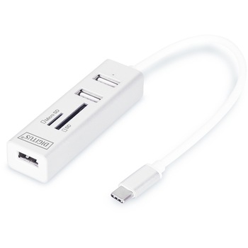 HUB USB 2.0, 3 porturi, Type C, slot SD, micro SD, Digitus HUB USB 2.0, 3 porturi, Type C, slot SD, micro SD, Digitus
