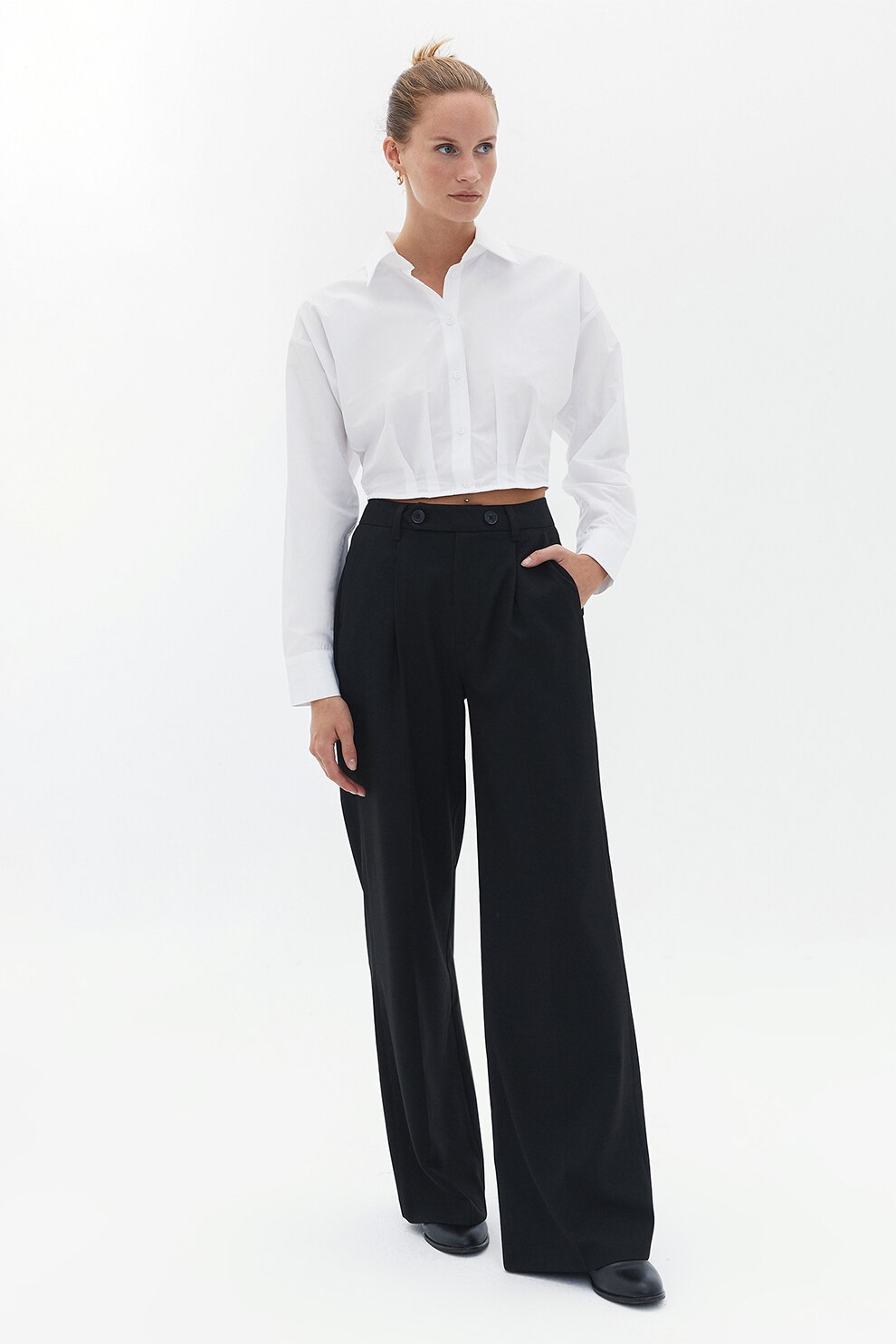 OXXO, Pantaloni cu talie inalta si pliuri, Negru, 38