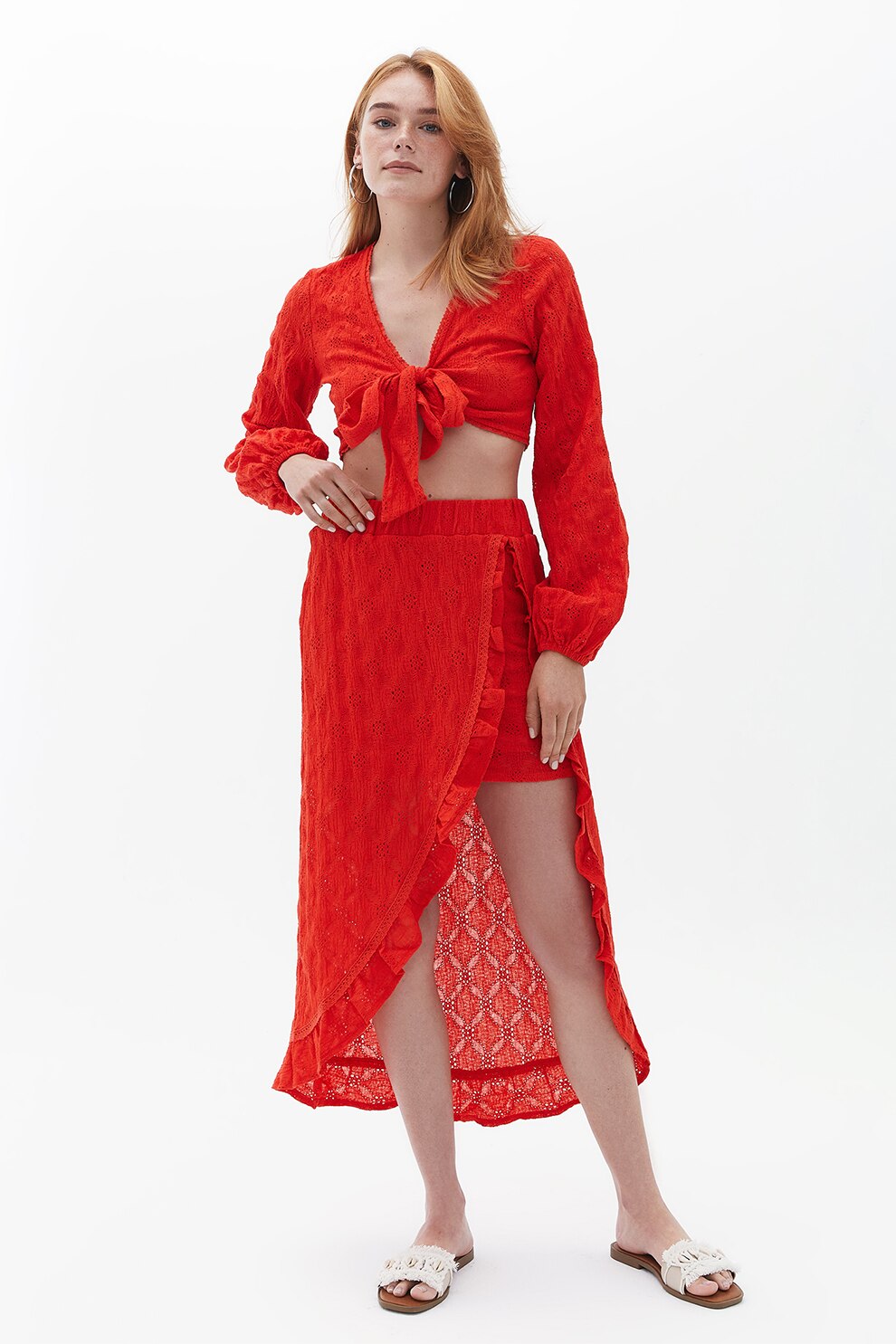 OXXO, Fusta midi asimetrica, Rosu vermillion, XL