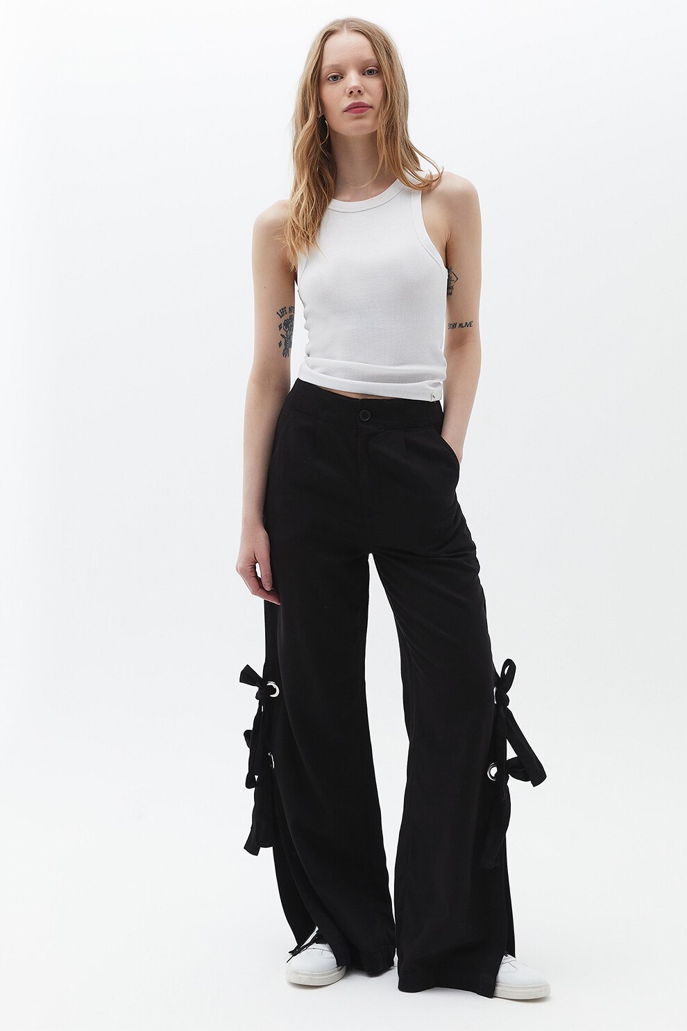 OXXO, Pantaloni din amestec de lyocell cu funde, Negru, 36