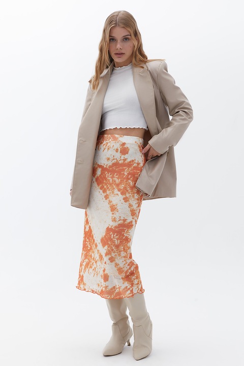 OXXO, Fusta midi cu strat exterior din plasa, Alb fildes/Portocaliu persan