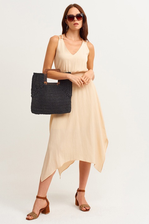 OXXO, Rochie midi cu decolteu in V, Maro nisip