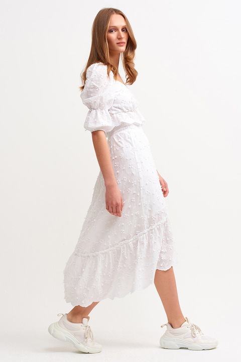 OXXO, Fusta midi de bumbac cu broderie, Alb