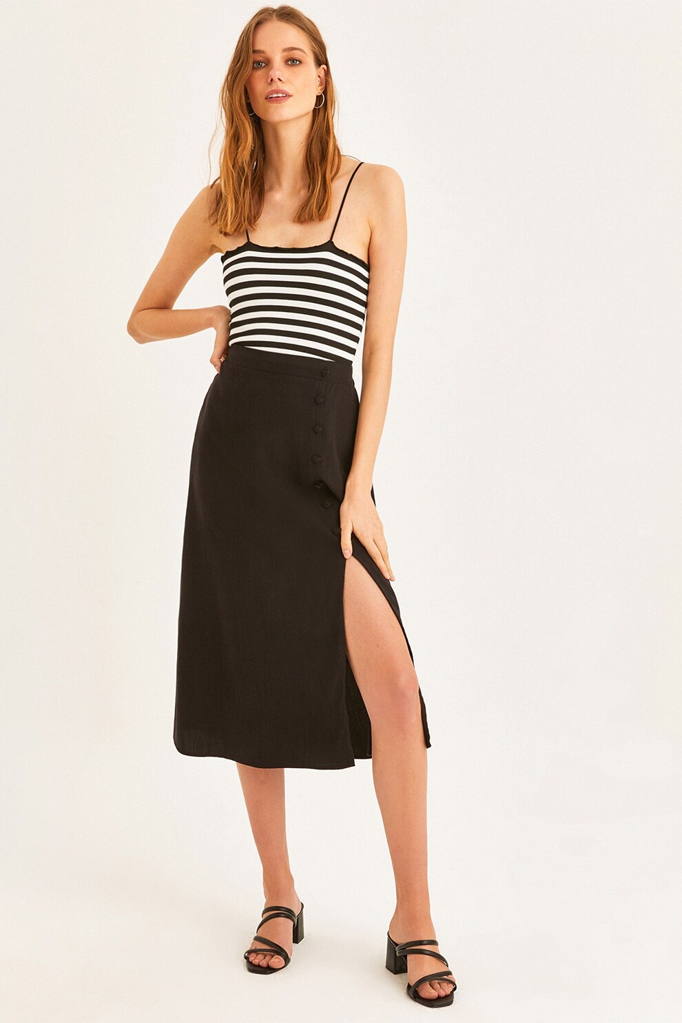 OXXO, Fusta midi din amestec de lyocell, Negru, M