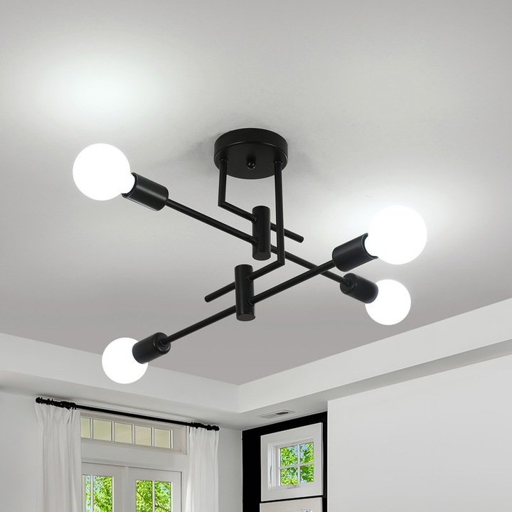 Retro mennyezeti lámpa, Goeco, E27, aszimmetrikus forma, vas, fekete, vintage ipari stílus, 55x55x28cm, nappaliba, hálószobába, irodába