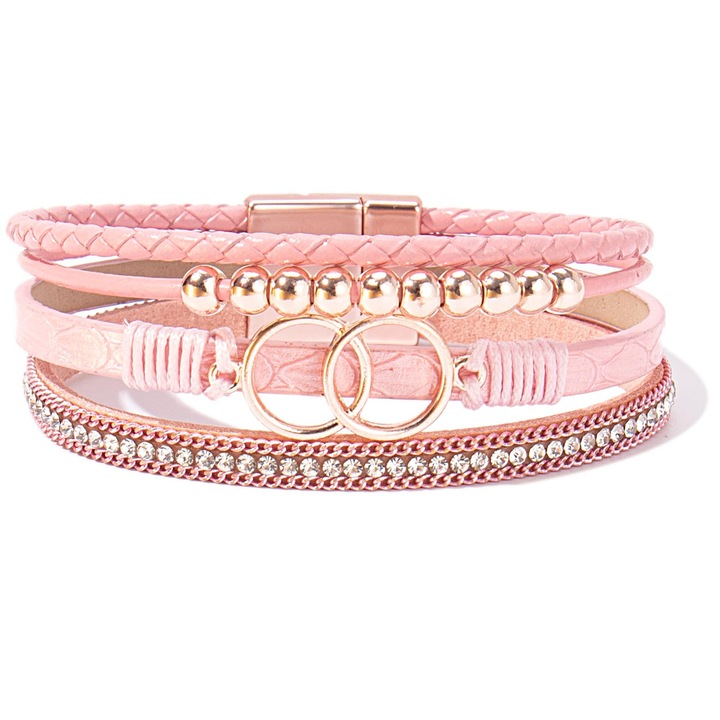 Bratara dama, Stil Boho, Argint/Piele ecologica, cu margele aurii pentru femei bratara stivuita nelimitata bijuterii, reglabila, Roz