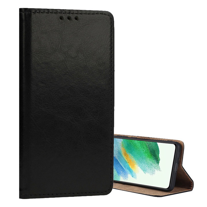 Gigapack mobiltelefon tok álló, valódi bőr, flip, oldalra nyíló, asztali tartó, fekete, kompatibilis: Samsung Galaxy A17 4G, SM-A175, / Galaxy A17 5G, SM-A176