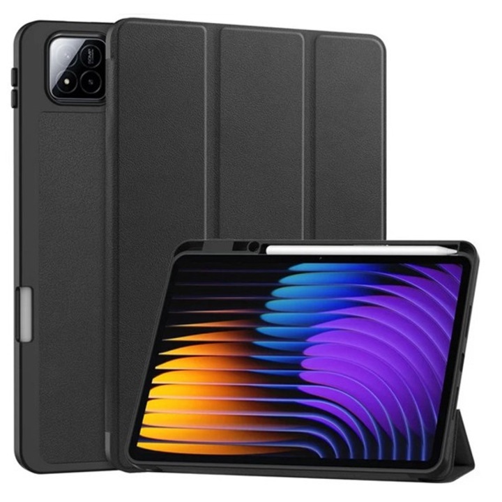 Gigapack tabletvédő álló, bőr hatású, aktív flip, oldalra nyíló, trifold, asztali tartó, ceruza tartó, fekete, kompatibilis: Xiaomi Pad 7 Pro / Pad 7