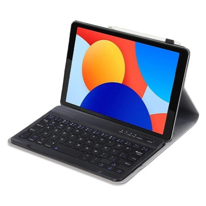 Gigapack tabletvédő álló, bőr hatású, flip, bluetooth billentyűzet, asztali tartó, qwerty, angol nyelvű, fekete, kompatibilis: Xiaomi Redmi Pad SE 8.7