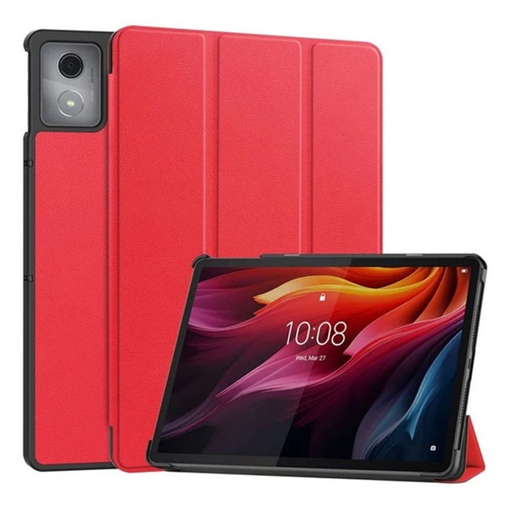 Gigapack tabletvédő álló, bőr hatású, aktív flip, oldalra nyíló, trifold, asztali tartó, piros, kompatibilis: Lenovo Tab K11 Plus, TB352