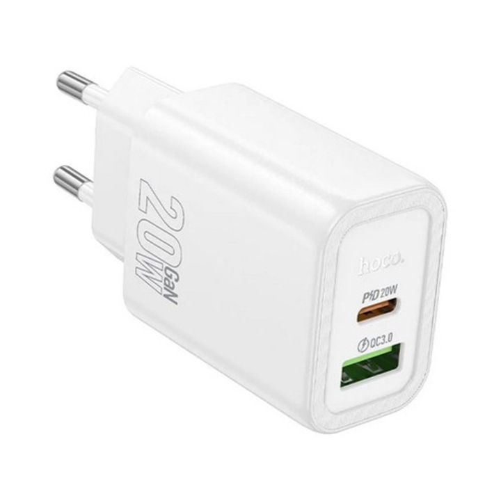 Hoco n61 hálózati töltő usb+type-c aljzat, 20w, pd gyorstöltő 3.0, fehér