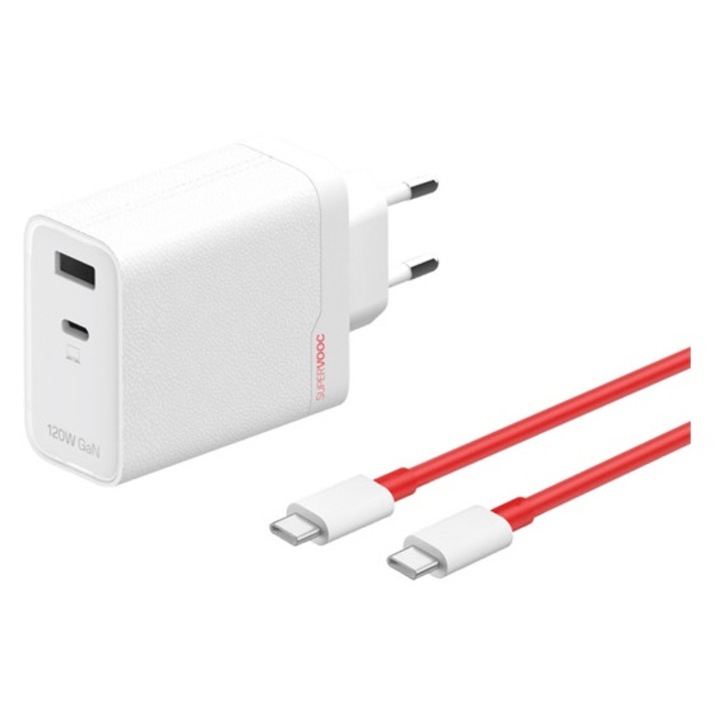 Oneplus supervooc hálózati töltő usb+type-c aljzat, 120w, pd gyorstöltő + type-c kábel, fehér