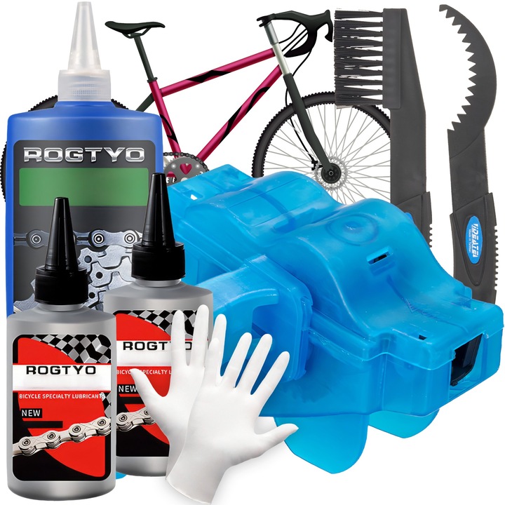 Комплект за почистване и смазване на велосипедна верига и зъбно колело, 5 части, черно-синьо