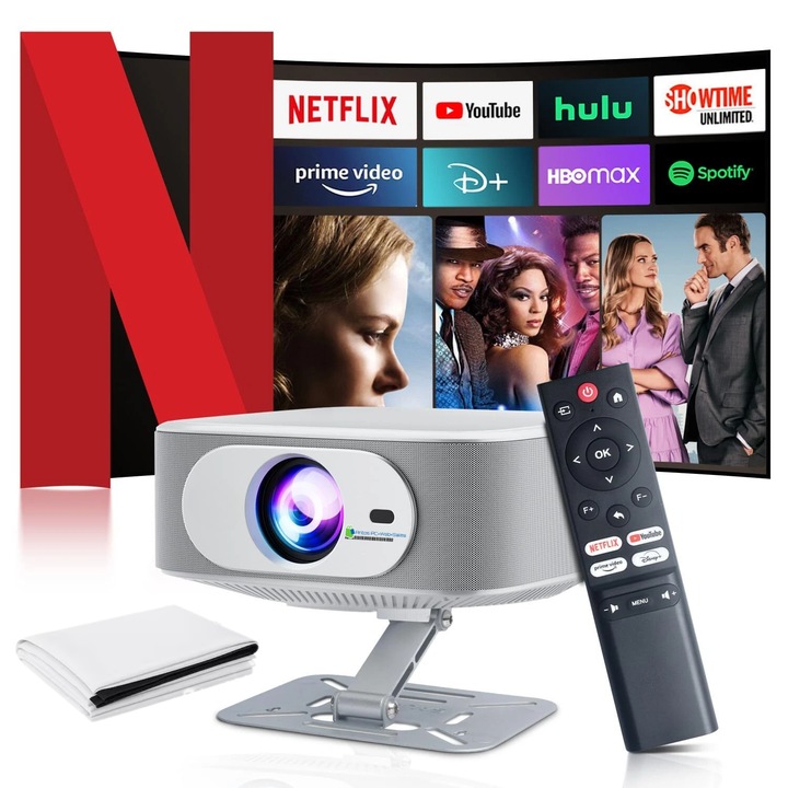 Proiector inteligent Salange P92 Max cu Android 13, Antosmart, Full HD 1080p, luminozitate 300 ANSI, Wi-Fi 6, Bluetooth 5.2, Netflix licentiat, difuzor Hi-Fi incorporat, suport si ecran textil 72 inch cadou, gri