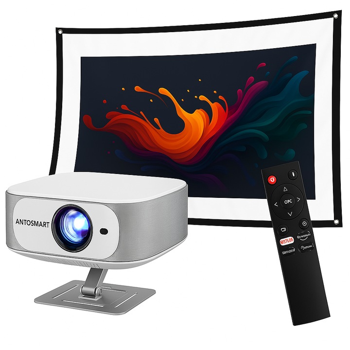 Комплект проектор ANTOSMART Salange P92 Max със 72-инчов екран, Android 13, Full HD, Wi-Fi 6, Bluetooth 5.2, автофокус, поддръжка на Netflix, вграден Hi-Fi високоговорител