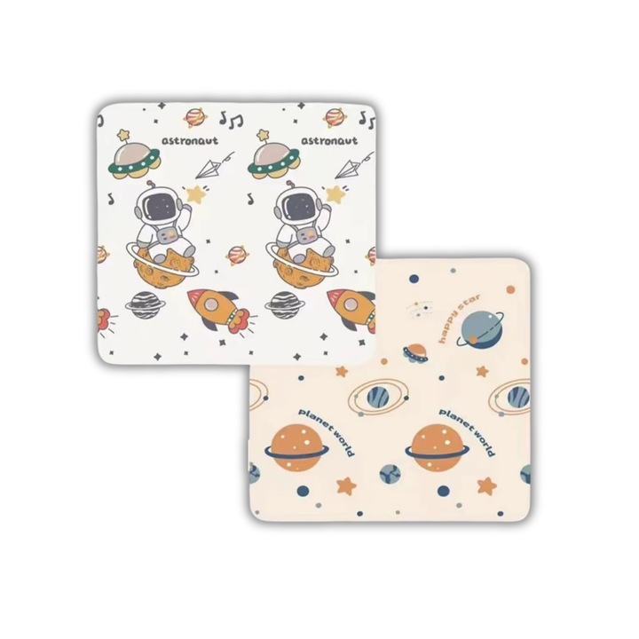 Подложка за игра за бебета и деца, BebeBlessed, сгъваема, двустранна, 200x150 см, 1,5 см дебелина, противотравматична пяна, водоустойчива и нехлъзгаща се, атрактивен двустранен дизайн, лесна за почистване и пренасяне, щампа на астронавт