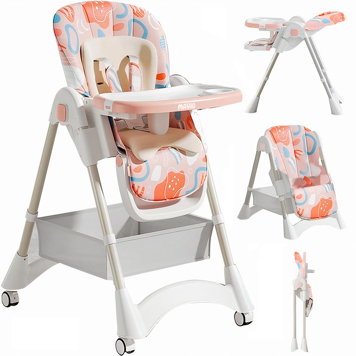 Scaun de Masa 3 in 1 pentru Bebelusi si Copii Mavio®, Model OMNY, Pliabil, 6-36 luni, Inaltime Reglabila, Centura de Siguranta in 5 Puncte, Tavita Reglabila si Detasabila, Roti Transport, Spatiu Depozitare, Usor de Curatat, Greutate Maxima 25kg, Roz