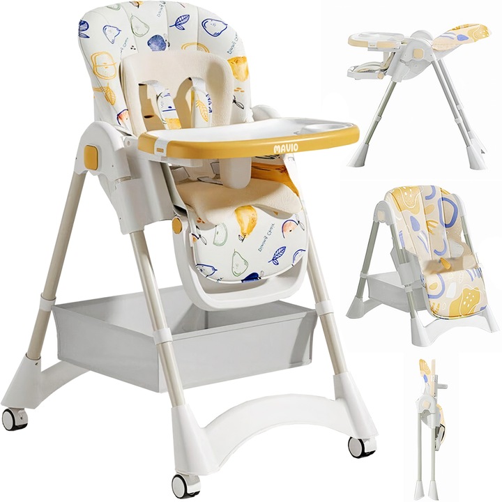 Scaun de Masa 3 in 1 pentru Bebelusi si Copii Mavio®, Model OMNY, Pliabil, 6-36 luni, Inaltime Reglabila, Centura de Siguranta in 5 Puncte, Tavita Reglabila si Detasabila, Roti Transport, Spatiu Depozitare, Usor de Curatat, Greutate Maxima 25kg, Galben