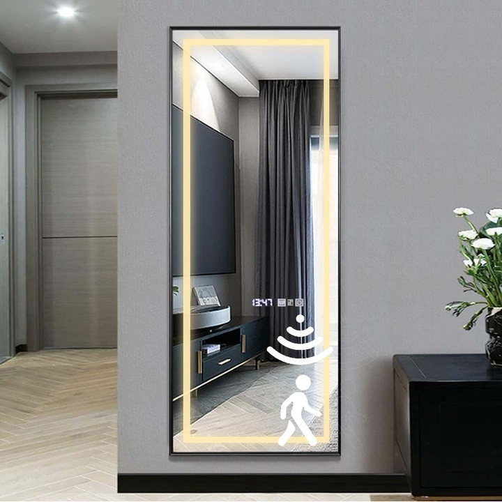 Oglinda LED Senzor Radar functie Dezaburire, Termometru, Ceas si Senzor Radar, 60x150 cm, Rama Negru Brushed Lumina Rece/Calda/Neutra Dimabila
