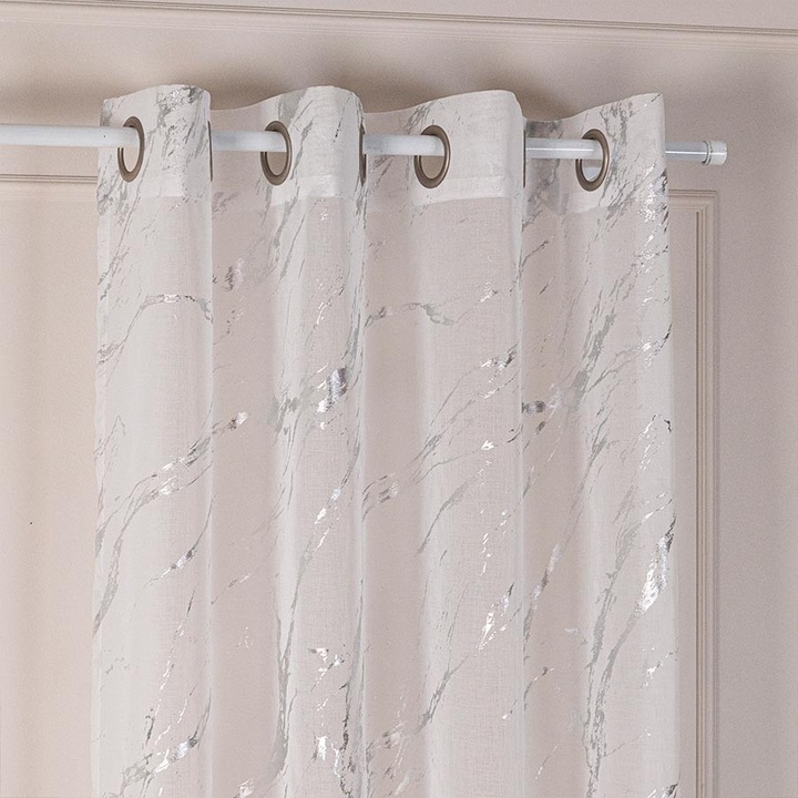 Perdea gata de montat, cu inele, cu greutate de plumb, 140x250 cm, Markizeta, Model Marietta, cu decoruri argintii, alb