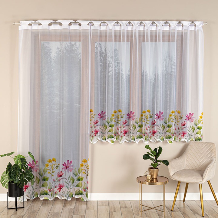 Жакардово перде Markizeta, Поляна с цветя, Готово за монтаж, 140x230 см, Бял