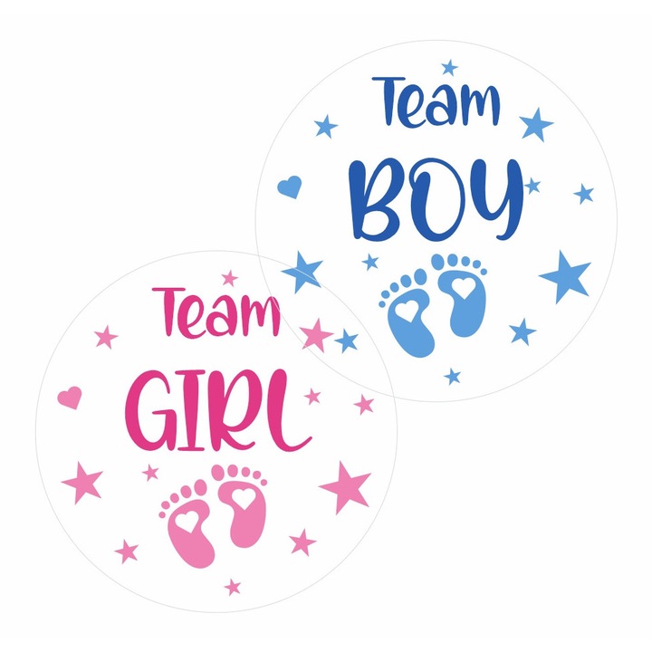 Set 32 stickere de interior printate pe vinil, pentru petrecere Gender Reveal - Team boy Team girl, text limba engleza, diametru 4 cm, model 2