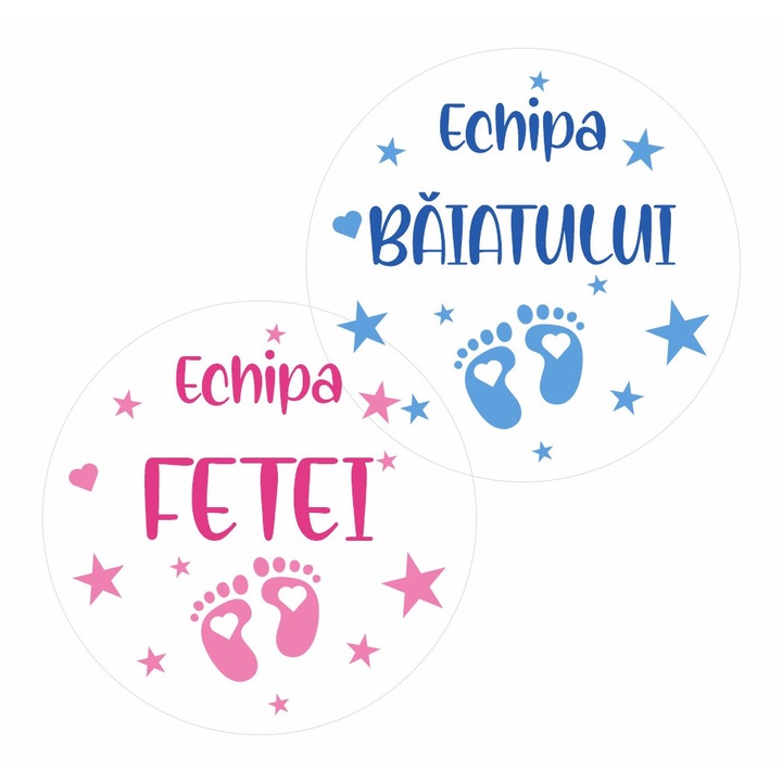 Set 16 stickere de interior printate pe vinil, pentru petrecere Gender Reveal - Echipa Baiatului Echipa Fetei, text limba romana, diametru 9 cm, model 2