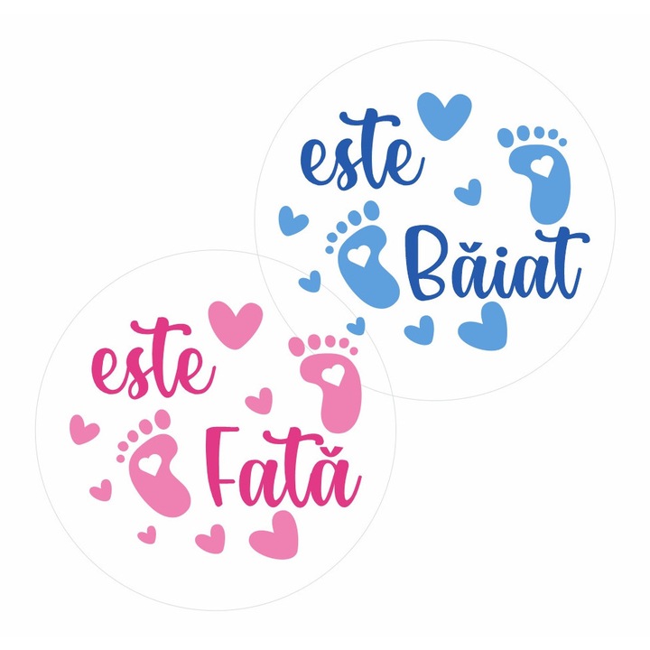 Set 32 stickere de interior printate pe vinil, pentru petrecere Gender Reveal - Este baiat Este Fata, text limba romana, diametru 4 cm, model 3