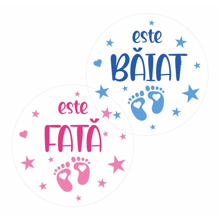 Set 16 stickere de interior printate pe vinil, pentru petrecere Gender Reveal - Este baiat Este Fata, text limba romana, diametru 9 cm, model 2