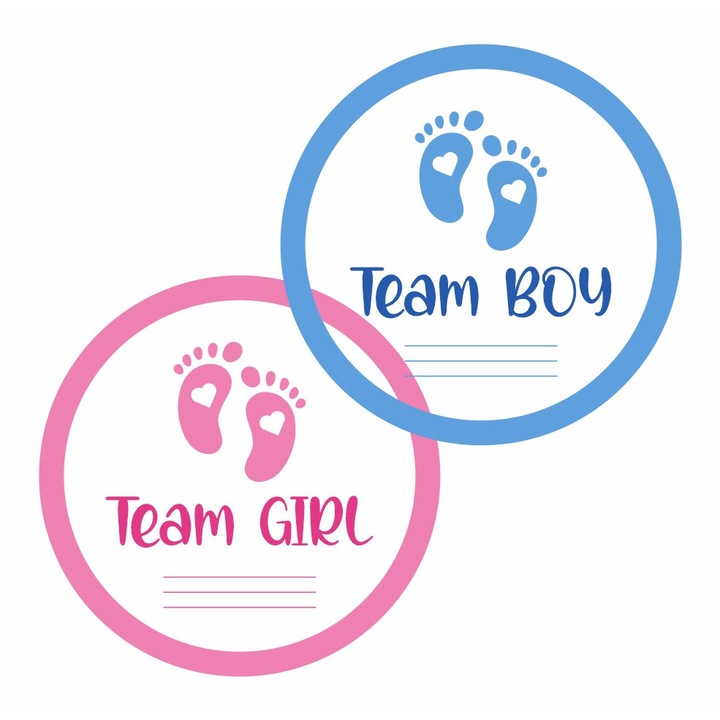 Set 20 stickere de interior printate pe vinil, pentru petrecere Gender Reveal - Team boy Team girl, text limba engleza, diametru 7 cm