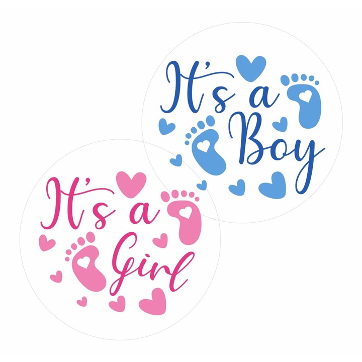 Set 20 stickere de interior printate pe vinil, pentru petrecere Gender Reveal - It's a boy It's a girl, text limba engleza, diametru 7 cm, model 3