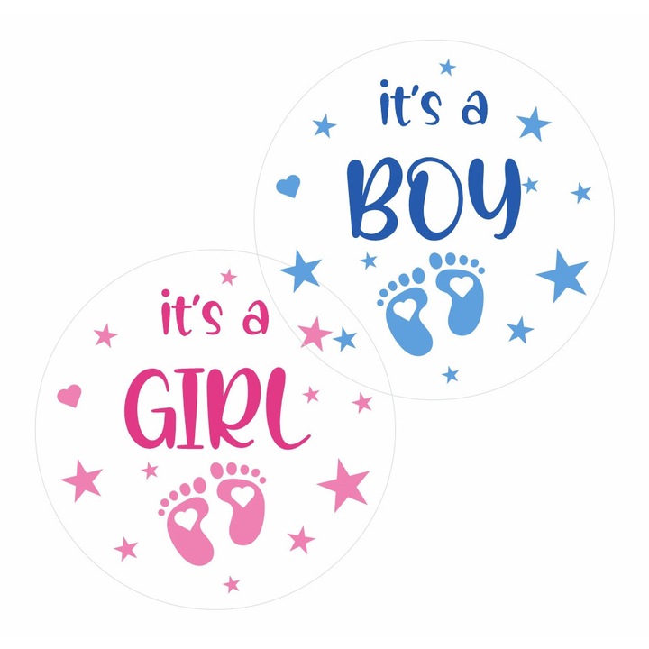 Set 16 stickere de interior printate pe vinil, pentru petrecere Gender Reveal - It's a boy It's a girl, text limba engleza, diametru 9 cm, model 2